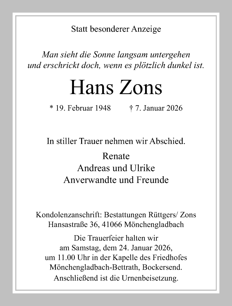  Traueranzeige für Hans Zons vom 18.01.2026 aus trauer.panorama-anzeigenblatt.de