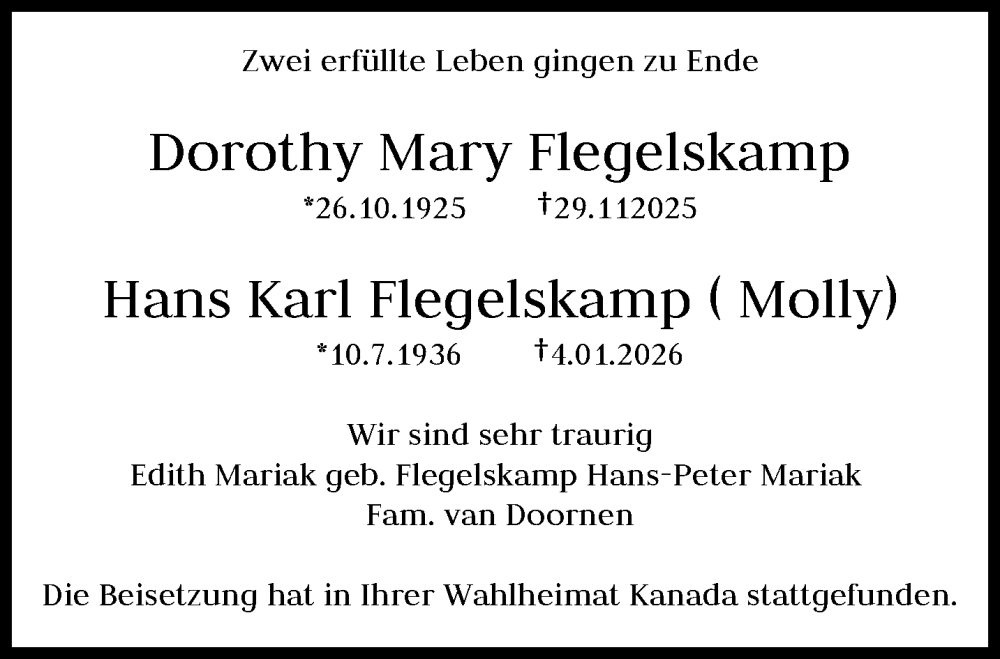  Traueranzeige für Hans Karl Flegelskamp vom 17.01.2026 aus trauer.wuppertaler-rundschau.de