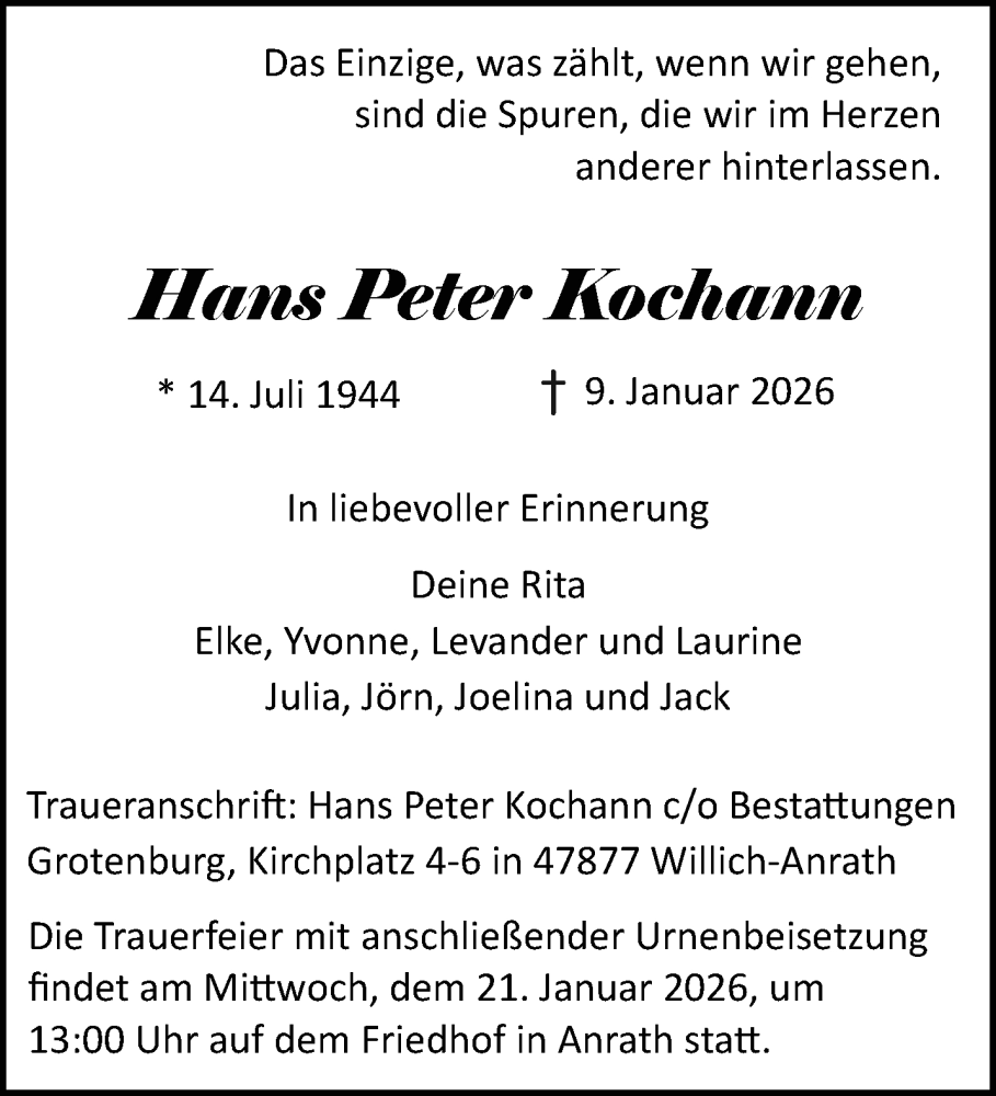  Traueranzeige für Hans Peter Kochann vom 18.01.2026 aus trauer.panorama-anzeigenblatt.de