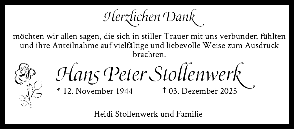  Traueranzeige für Hans Peter Stollenwerk vom 10.01.2026 aus trauer.wuppertaler-rundschau.de