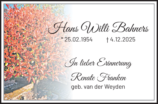 Traueranzeige von Hans Willi Bahners von trauer.panorama-anzeigenblatt.de