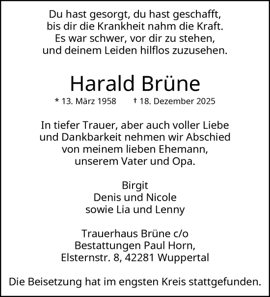 Traueranzeige von Harald Brüne von trauer.wuppertaler-rundschau.de