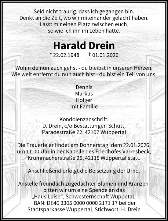 Traueranzeige von Harald Drein von trauer.wuppertaler-rundschau.de
