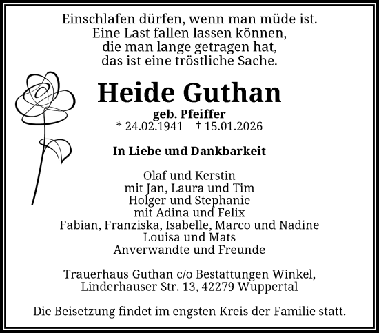 Traueranzeige von Heide Guthan von trauer.wuppertaler-rundschau.de