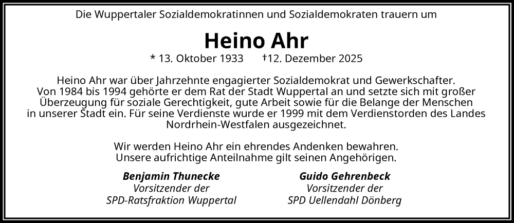  Traueranzeige für Heino Ahr vom 10.01.2026 aus trauer.wuppertaler-rundschau.de