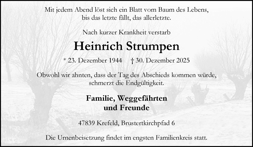  Traueranzeige für Heinrich Strumpen vom 11.01.2026 aus trauer.panorama-anzeigenblatt.de