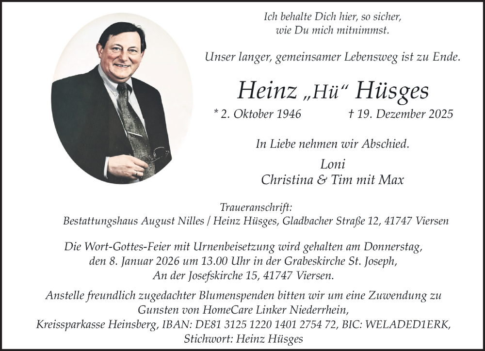  Traueranzeige für Heinz Hüsges vom 04.01.2026 aus trauer.panorama-anzeigenblatt.de