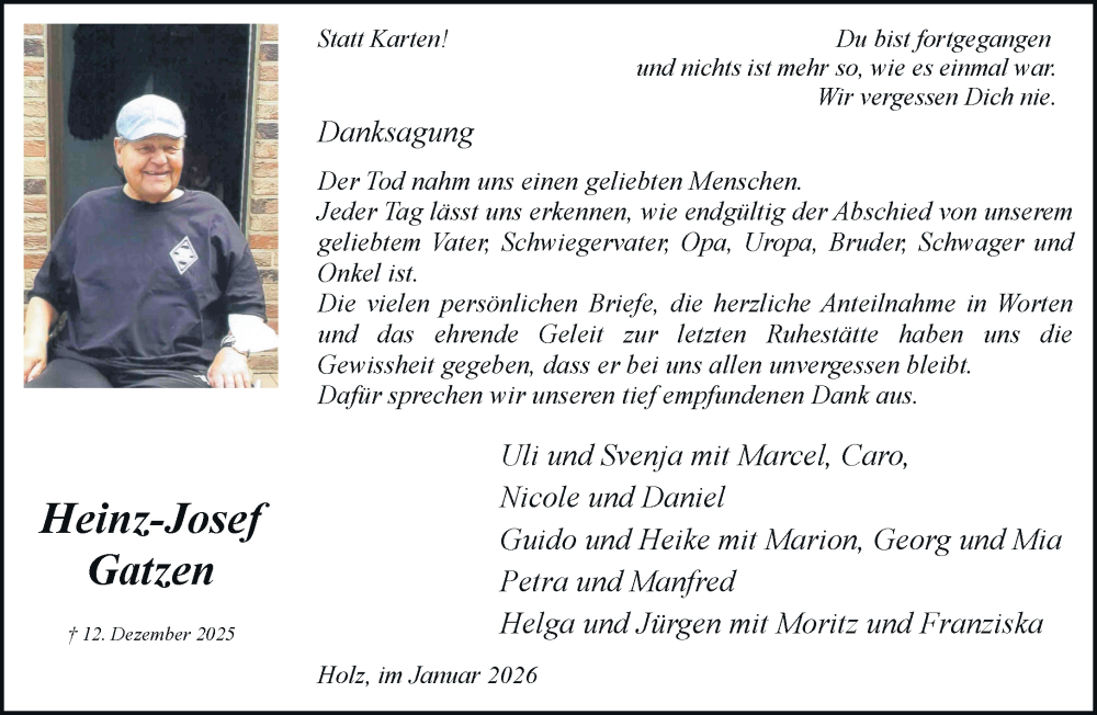  Traueranzeige für Heinz-Josef Gatzen vom 24.01.2026 aus trauer.stadt-kurier.de