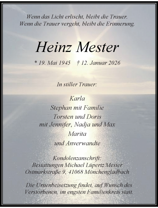Traueranzeige von Heinz Mester von trauer.panorama-anzeigenblatt.de