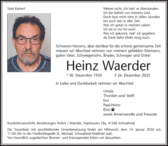 Traueranzeige von Heinz Waerder von trauer.panorama-anzeigenblatt.de