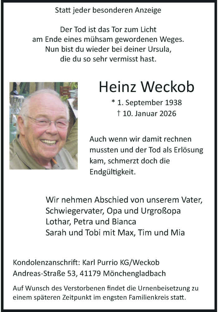  Traueranzeige für Heinz Weckob vom 25.01.2026 aus trauer.panorama-anzeigenblatt.de