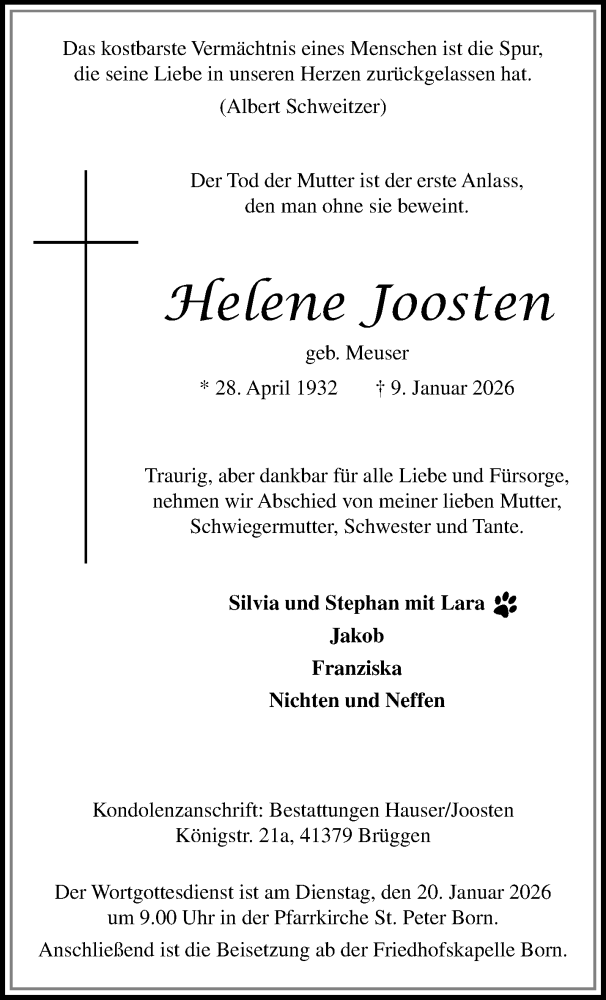  Traueranzeige für Helene Joosten vom 18.01.2026 aus trauer.panorama-anzeigenblatt.de