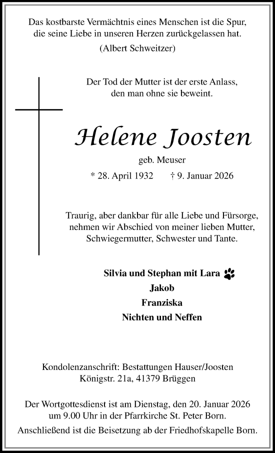 Traueranzeige von Helene Joosten von trauer.panorama-anzeigenblatt.de
