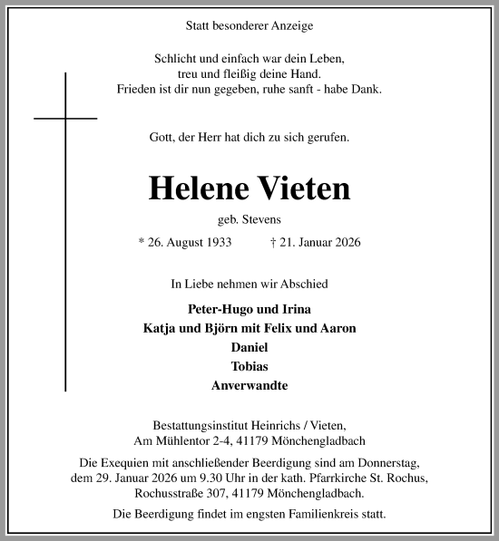 Traueranzeige von Helene Vieten von trauer.panorama-anzeigenblatt.de