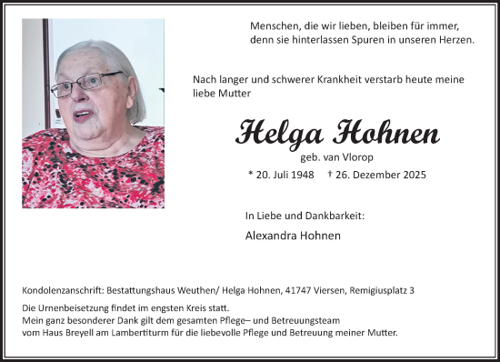 Traueranzeige von Helga Hohnen von trauer.panorama-anzeigenblatt.de