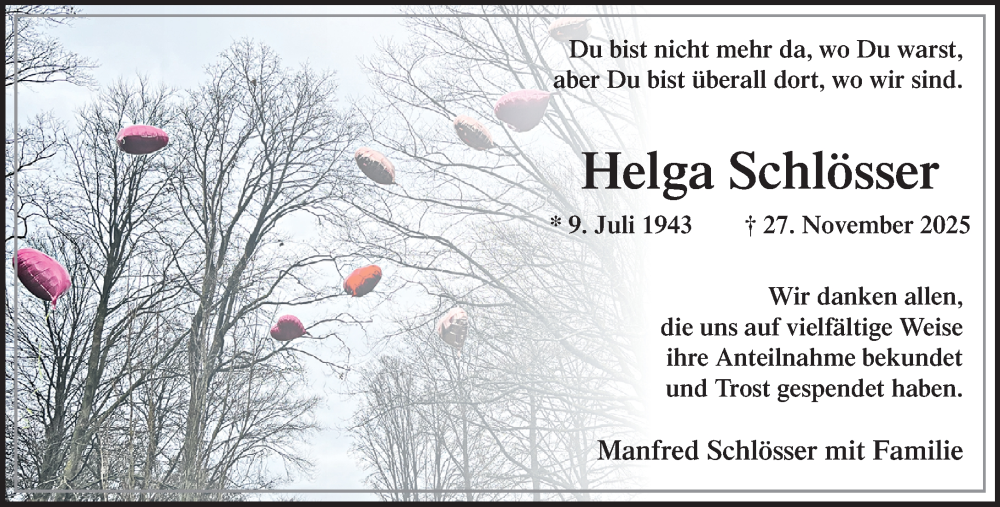  Traueranzeige für Helga Schlösser vom 25.01.2026 aus trauer.panorama-anzeigenblatt.de