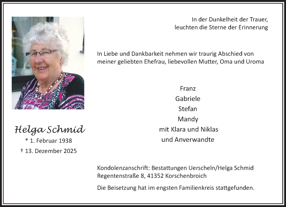  Traueranzeige für Helga Schmid vom 18.01.2026 aus trauer.panorama-anzeigenblatt.de