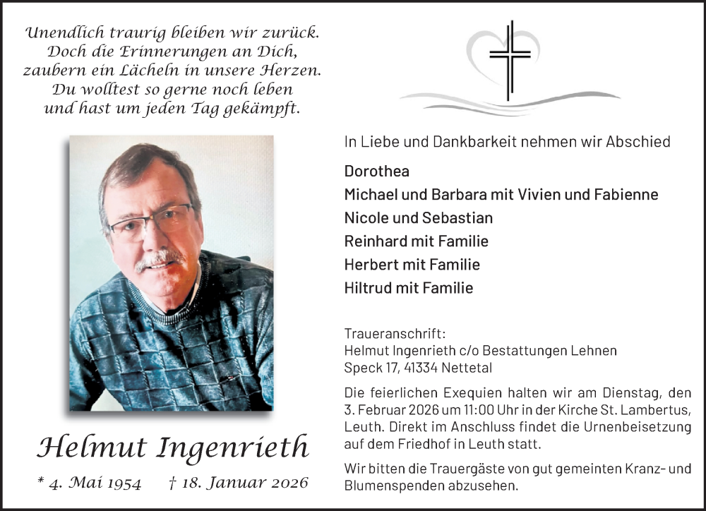  Traueranzeige für Helmut Ingenrieth vom 25.01.2026 aus trauer.panorama-anzeigenblatt.de
