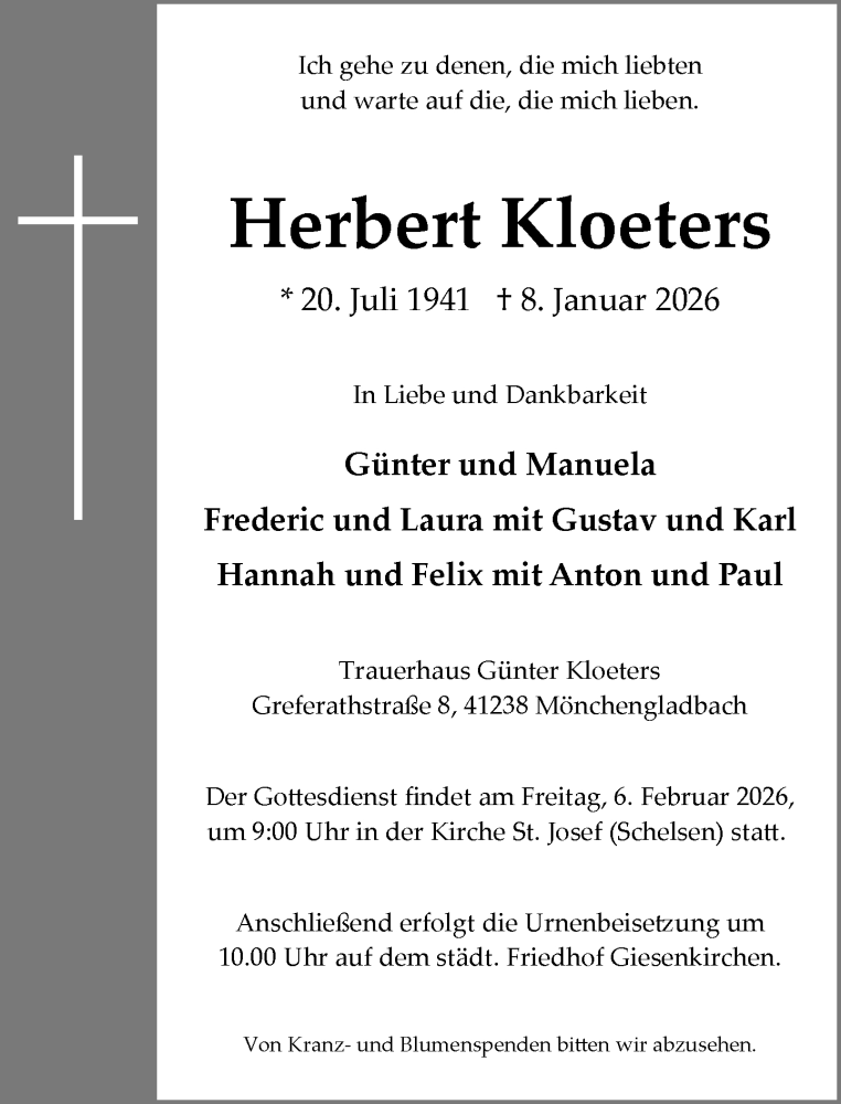  Traueranzeige für Herbert Kloeters vom 25.01.2026 aus trauer.panorama-anzeigenblatt.de