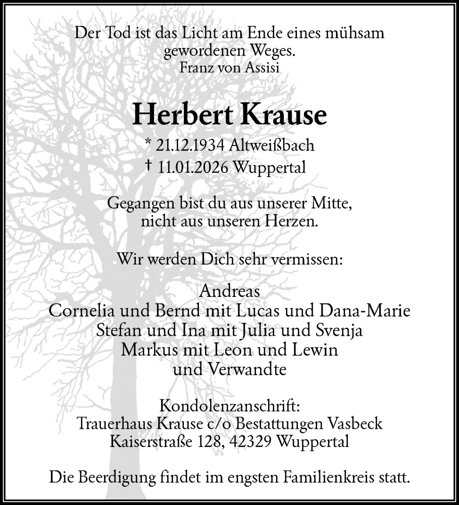  Traueranzeige für Herbert Krause vom 17.01.2026 aus trauer.wuppertaler-rundschau.de