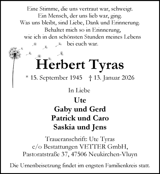 Traueranzeige von Herbert Tyras von trauer.panorama-anzeigenblatt.de