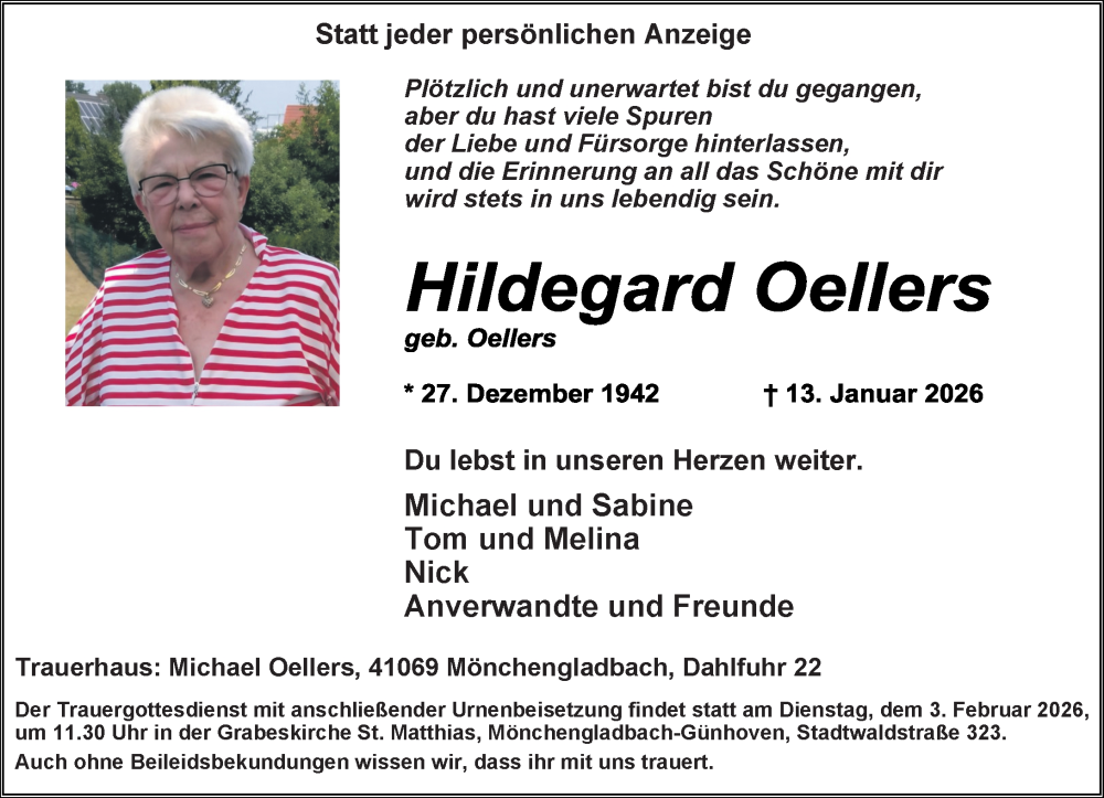  Traueranzeige für Hildegard Oellers vom 25.01.2026 aus trauer.panorama-anzeigenblatt.de