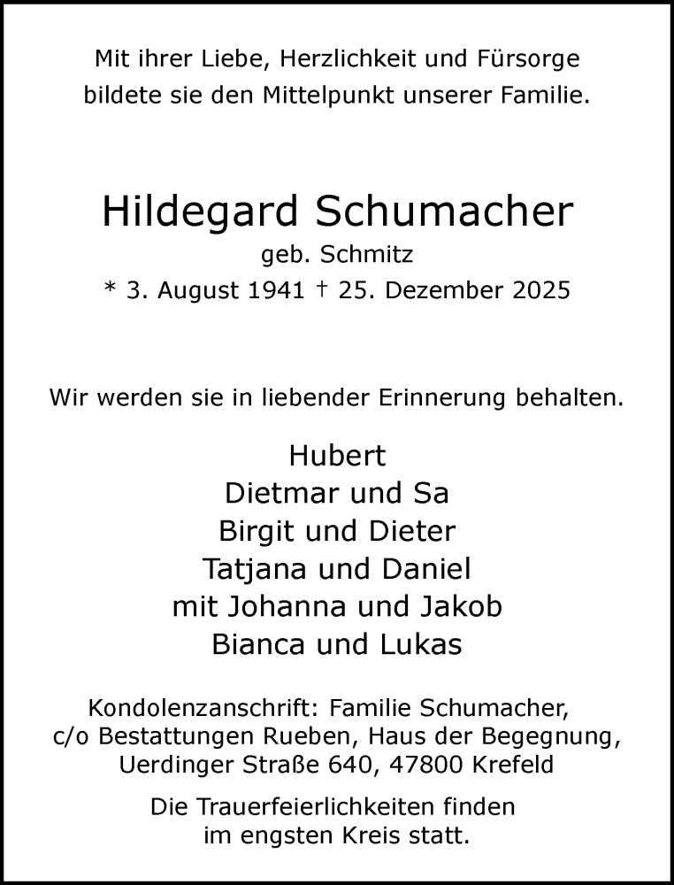  Traueranzeige für Hildegard Schumacher vom 04.01.2026 aus trauer.panorama-anzeigenblatt.de