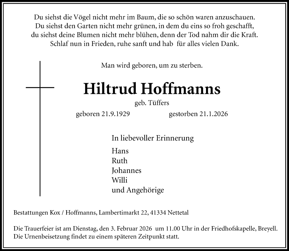  Traueranzeige für Hiltrud Hoffmanns vom 25.01.2026 aus trauer.panorama-anzeigenblatt.de