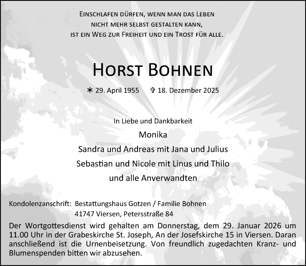  Traueranzeige für Horst Bohnen vom 18.01.2026 aus trauer.panorama-anzeigenblatt.de