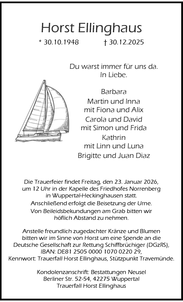  Traueranzeige für Horst Ellinghaus vom 10.01.2026 aus trauer.wuppertaler-rundschau.de