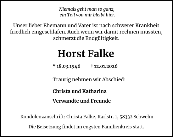 Traueranzeige von Horst Falke von trauer.wuppertaler-rundschau.de