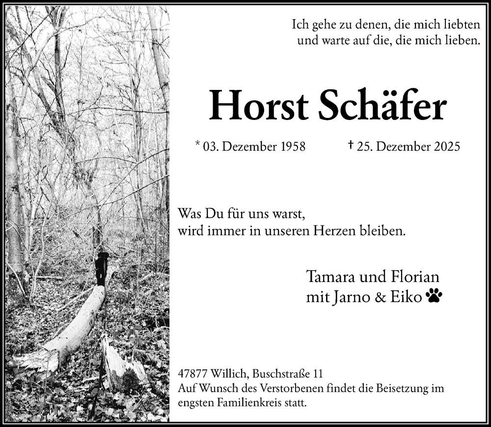  Traueranzeige für Horst Schäfer vom 04.01.2026 aus trauer.panorama-anzeigenblatt.de