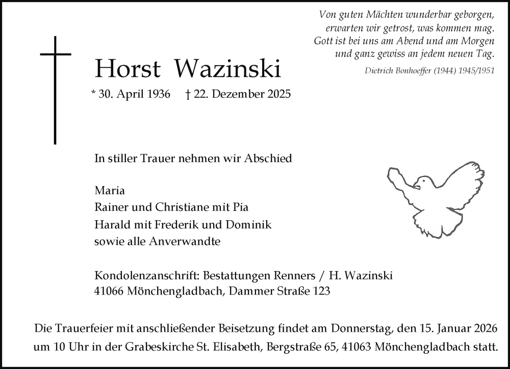  Traueranzeige für Horst Wazinski vom 04.01.2026 aus trauer.panorama-anzeigenblatt.de