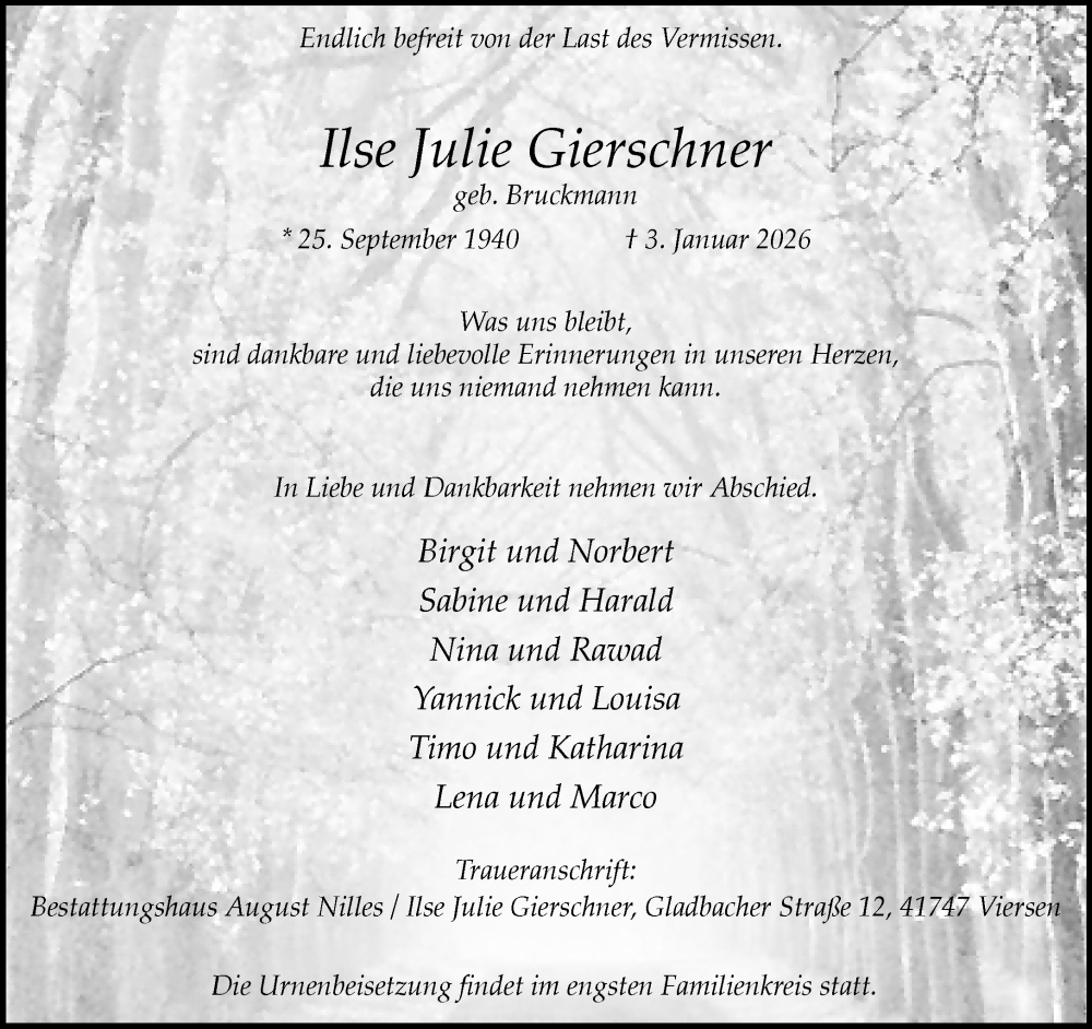  Traueranzeige für Ilse Julie Gierschner vom 11.01.2026 aus trauer.panorama-anzeigenblatt.de
