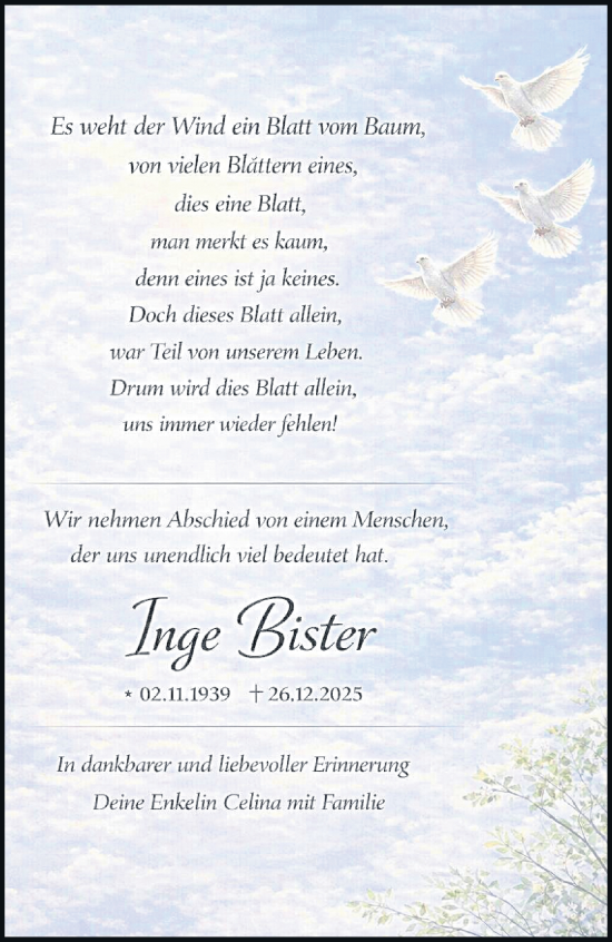 Traueranzeige von Inge Blister von trauer.stadt-kurier.de