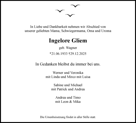Traueranzeige von Ingelore Gliem von trauer.wuppertaler-rundschau.de