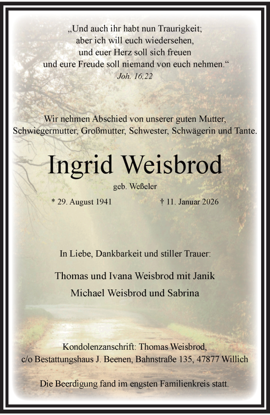 Traueranzeige von Ingrid Weisbrod von trauer.panorama-anzeigenblatt.de