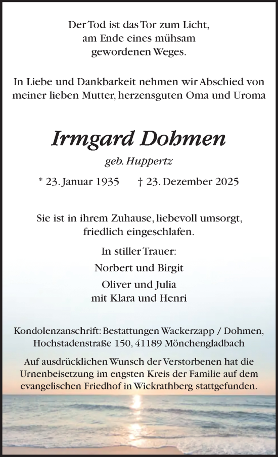 Traueranzeige von Irmgard Dohmen von trauer.panorama-anzeigenblatt.de