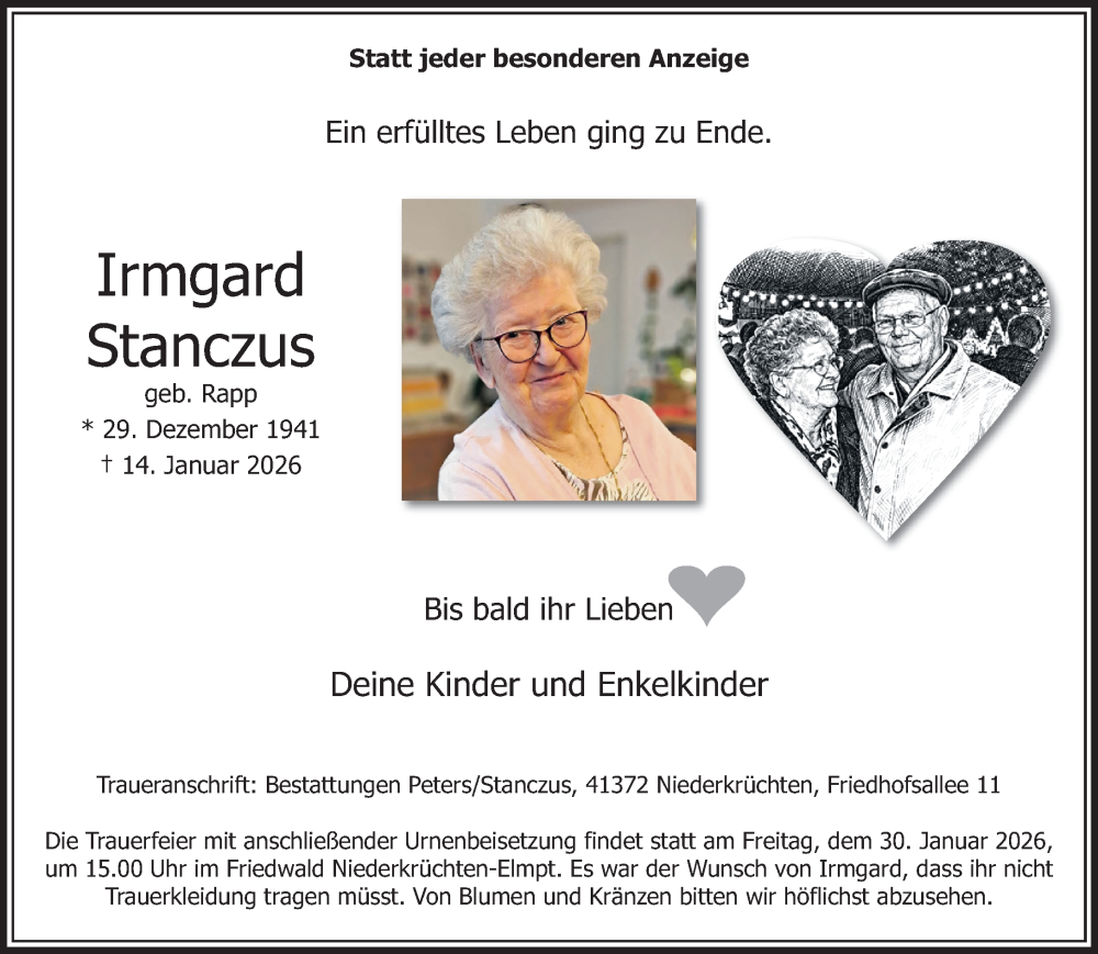  Traueranzeige für Irmgard Stanczus vom 25.01.2026 aus trauer.panorama-anzeigenblatt.de