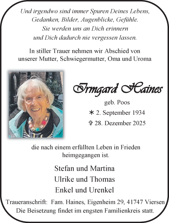 Traueranzeige von Irmtraud Haines von trauer.panorama-anzeigenblatt.de