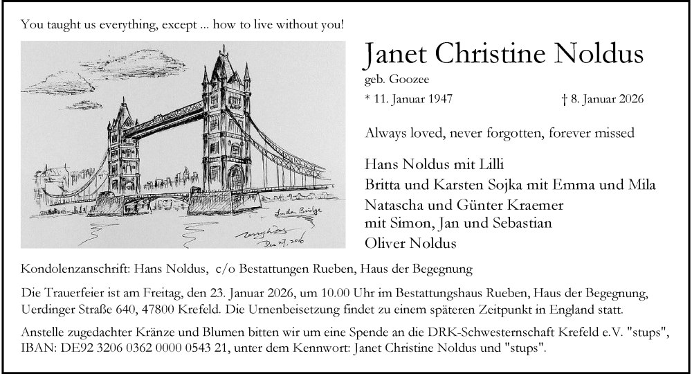  Traueranzeige für Janet Christine Noldus vom 18.01.2026 aus trauer.panorama-anzeigenblatt.de