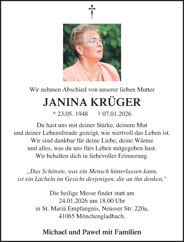  Traueranzeige für Janina Krüger vom 18.01.2026 aus trauer.panorama-anzeigenblatt.de