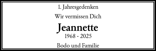 Traueranzeige von Jeannette  von trauer.wuppertaler-rundschau.de