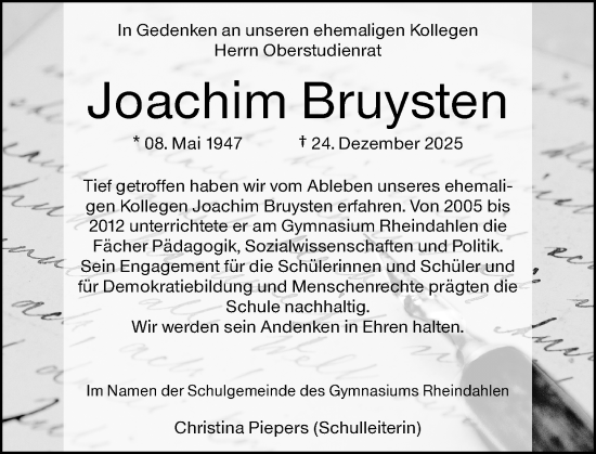 Traueranzeige von Joachim Bruysten von trauer.panorama-anzeigenblatt.de