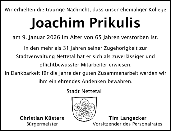 Traueranzeige von Joachim Prikulis von trauer.panorama-anzeigenblatt.de