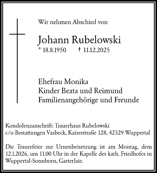 Traueranzeige von Johann Rubelowski von trauer.wuppertaler-rundschau.de