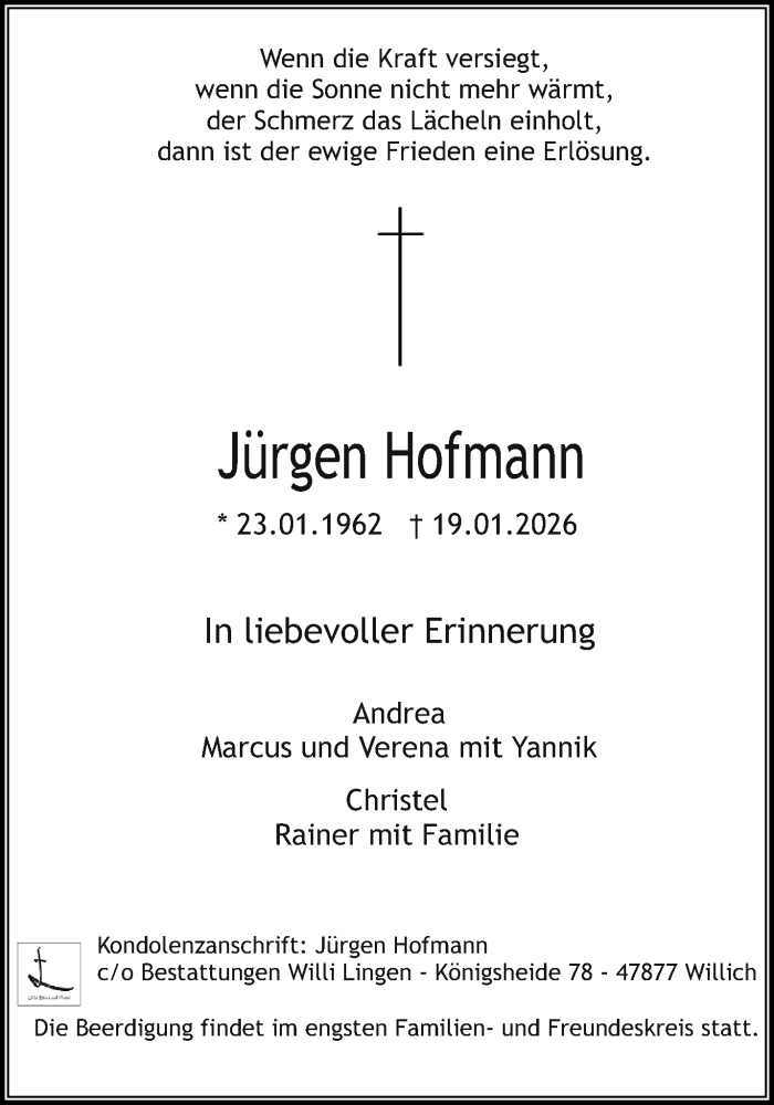  Traueranzeige für Jürgen Hofmann vom 25.01.2026 aus trauer.panorama-anzeigenblatt.de