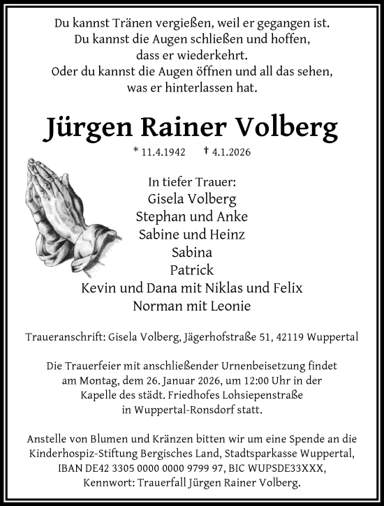 Traueranzeige von Jürgen Rainer Volberg von trauer.wuppertaler-rundschau.de
