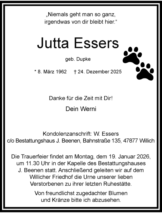 Traueranzeige von Jutta Essers von trauer.panorama-anzeigenblatt.de