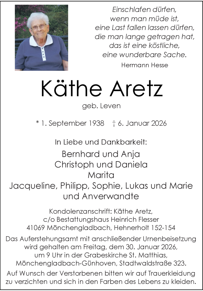  Traueranzeige für Käthe Aretz vom 25.01.2026 aus trauer.panorama-anzeigenblatt.de